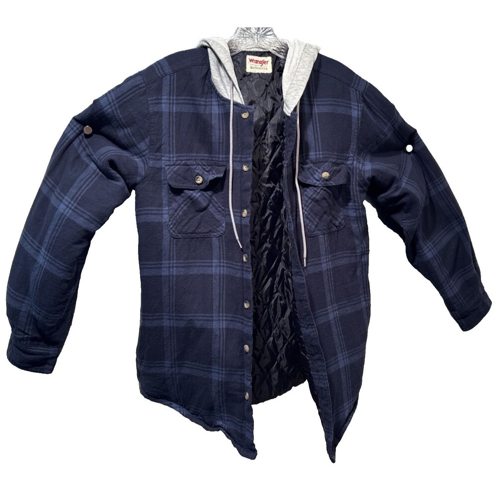 Wrangler Authentics Navy Blue Plaid Quilted Lined Hooded Flannel Chore Jacket S